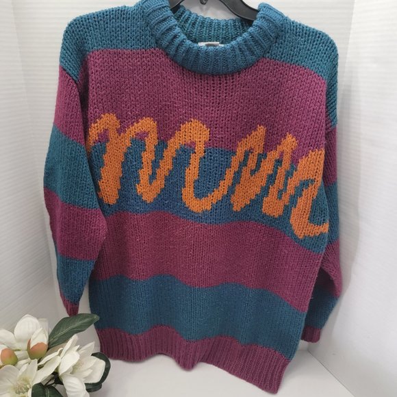 Vintage Susann d oversized Knit Womens Pullover Sweater Teal Purple Orange M - Picture 7 of 10